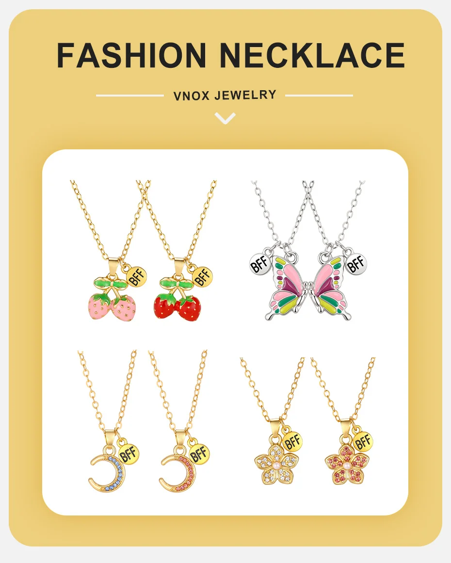 Vnox Neue BFF Freundschafts-Schmetterling-Anhänger Halsketten-Set Süße Erdbeer-Mond-Blumen-Charms Halskette Beste Freundin Geschenk Schmuck – Detail 1
