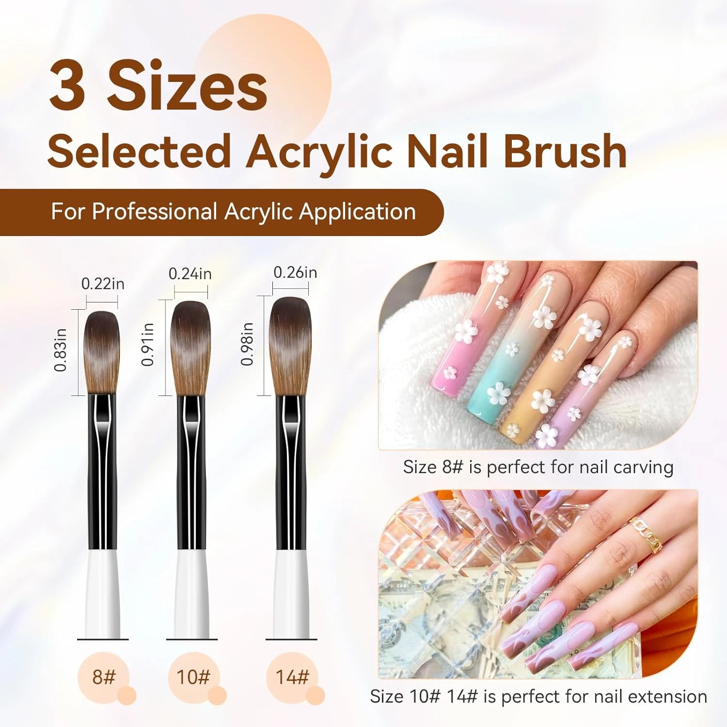 アクリルネイルアートブラシ3本セット - サイズ8/10/14 アクリルアプリケーション用、パウダーネイルアートエクステンション 初心者&プロ用