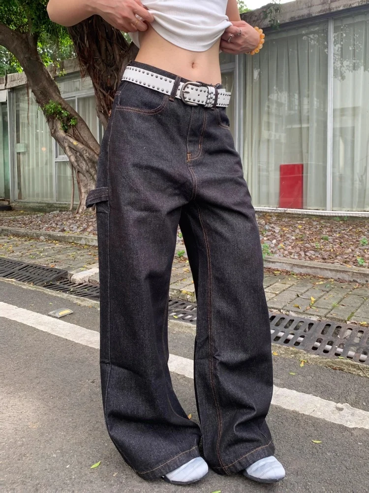 2025 Cyber Y2K Streetwear Flowers Embroidery Black Women's Jeans Pants For Woman Clothing Straight Gothic Cotton Long Trousers
