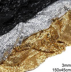 Tessuto a rete con paillettes in metallo da 3 mm, nero lucido, argento, oro, per vestiti con cotta di maglia, cucito, abito da sera per feste