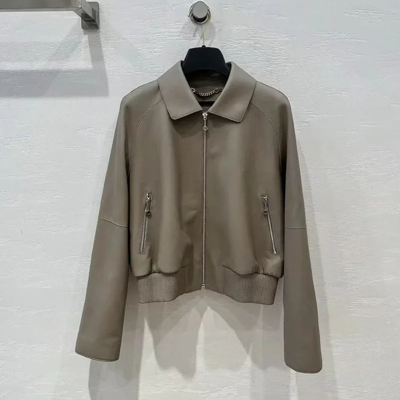 

женское пальто, весенняя куртка из натуральной кожи, зернистая текстурированная овчина, короткая длина, отложной воротник, рукава с заниженными плечами