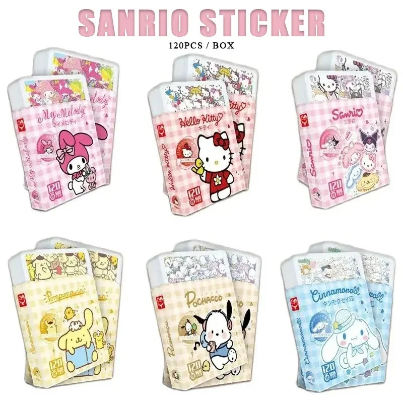 

120PCS/Box Sanrio Sticker Gift Box Cute Hello Kitty Cinnamoroll Kuromi My Melody Waterproof Sticker Decals for Kids Toys