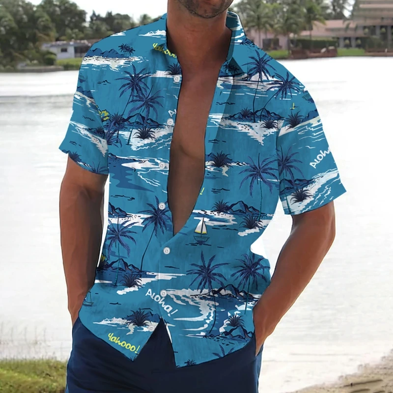 2024 Retro Men's Shirt Coconut Tree Print Short Sleeve Shirts Beach Casual Man Clothing Loose Oversized Hawaiian Shirts For Men