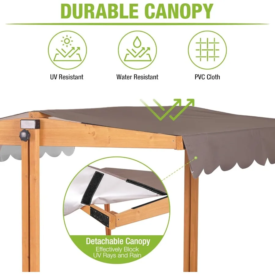 صندوق رمل خشبي خارجي مع مظلة 2 مقاعد قابلة للطي وبطانة حماية رملية للسقف قابلة للسحب مقاس 47 × 47 بوصة