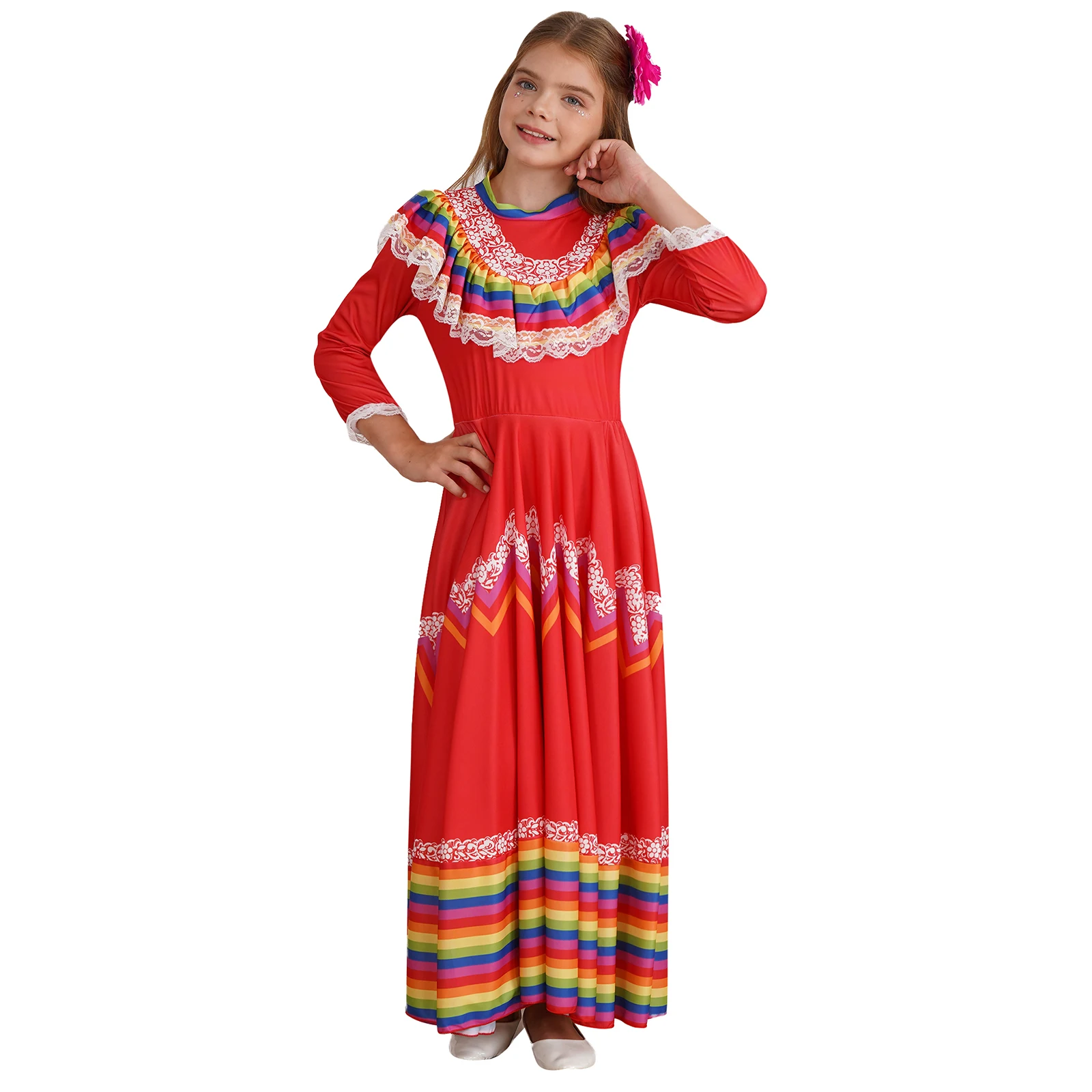Traditionelles mexikanisches Folk-Kleid für Mädchen, mexikanisches Festival, Feier, langes, breites Swing-Kostüm, Halloween-Karnevalskostüme