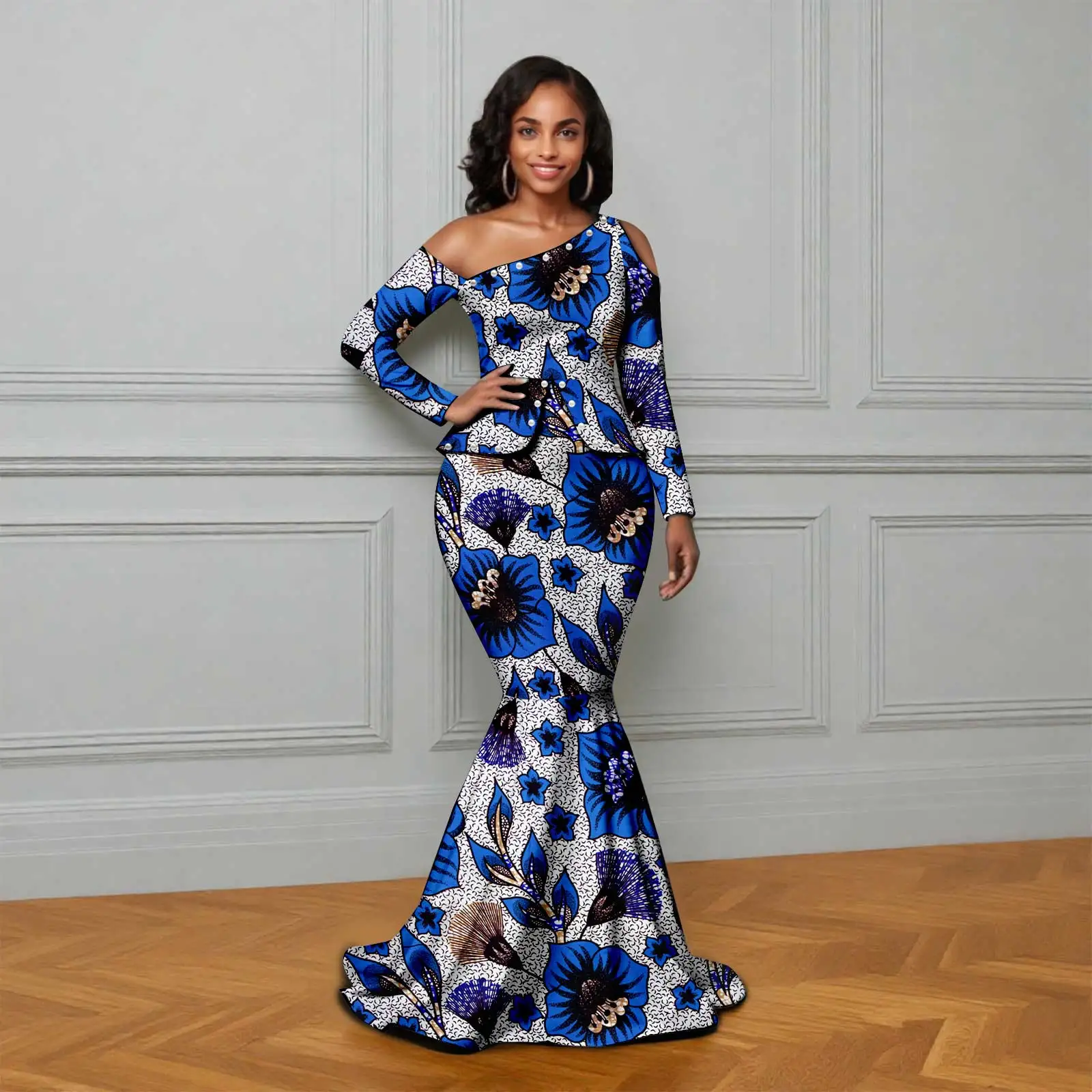 

African Ankara Printed Fabric Women's Dress Skew Collar Long Sleeve Floor-Length Dress Elegant fashion 2625007