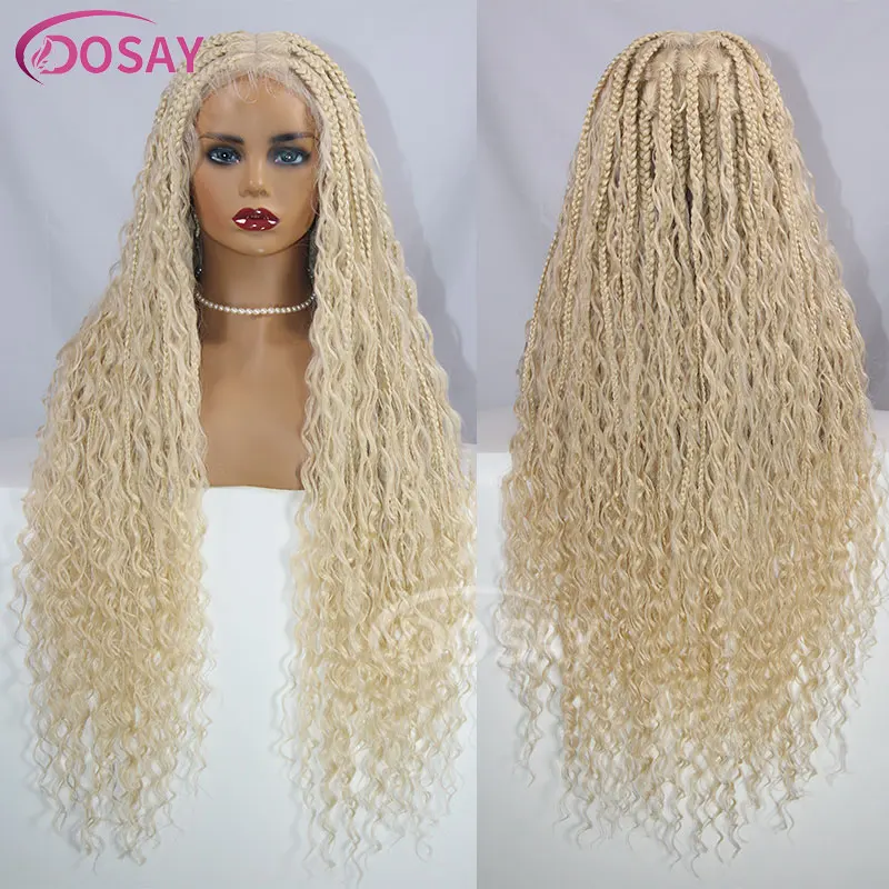 32 "Honingblonde 613 Gekleurde Boho Box Gevlochten Pruiken Bohemia Synthetisch Gevlochten Volledig Kanten Pruik Krullend Uiteinde Vierkant Deel Knooploos