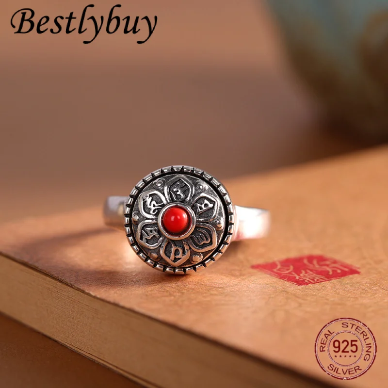 

NewS925 Silver Retro Six Character Spell Lotus Rotating Ring Women's Retro Adjustable Jewelry