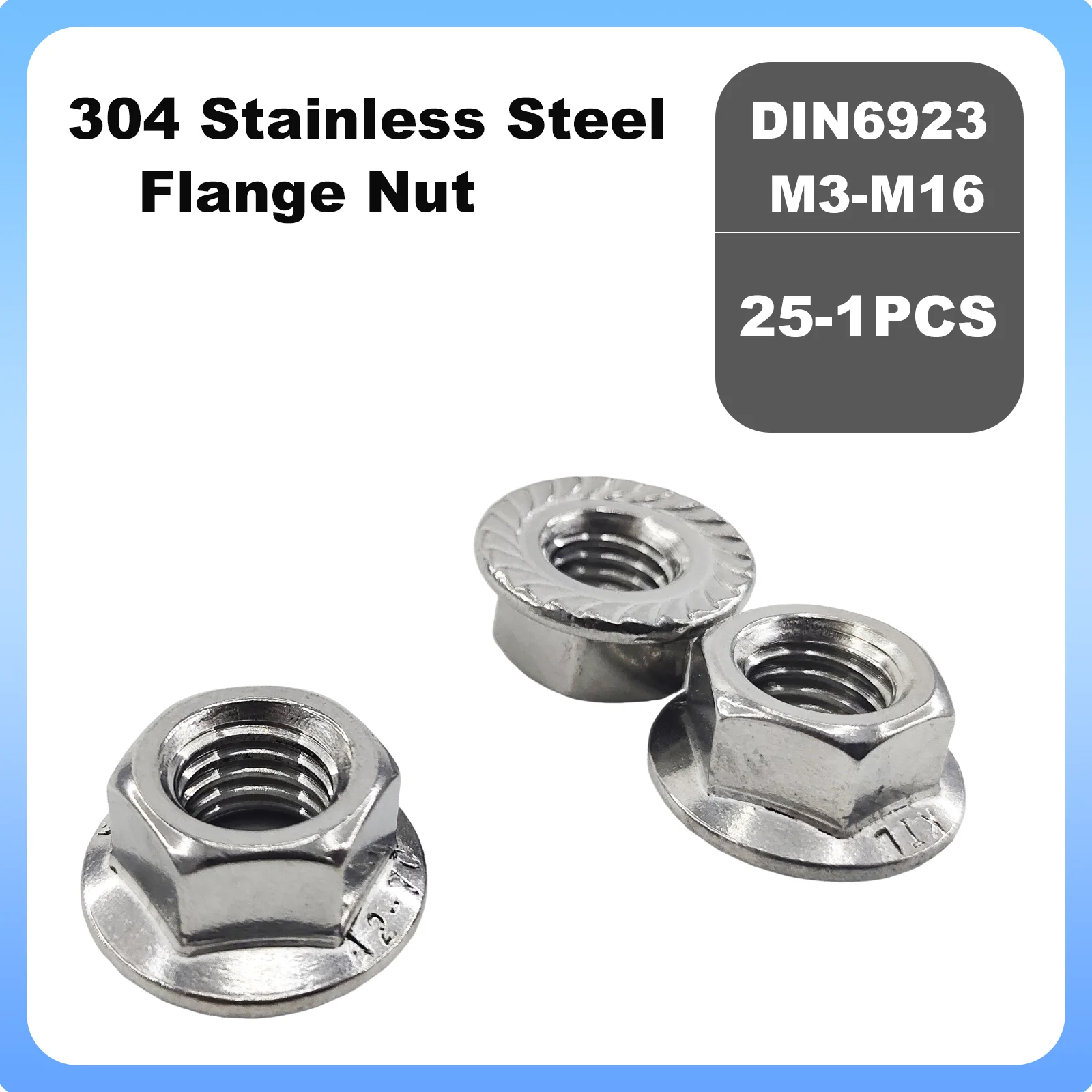 1/2/5/10/25Pcs M3 M4 M5 M6 M8 M10 M12 M16 DIN6923 304 Stainless Steel Hexagon Hex Head Serrated Spinlock Flange Lock Nut