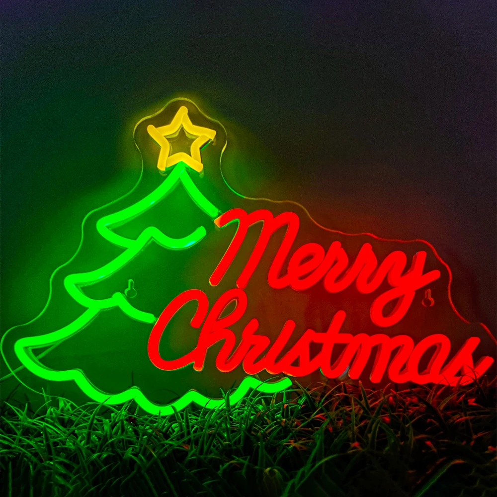 Buon natale lettera insegna al Neon luci a Led albero di natale decorazione della stanza segni d'arte dimmerabili per la casa camera da letto Party Bar Club Lamp