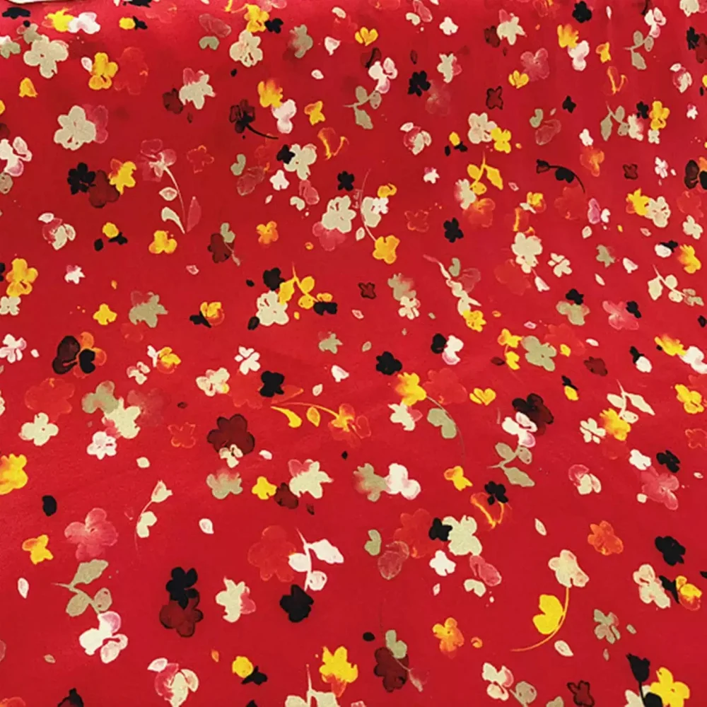 

Red Base Small Colorful Flowers Breathable Silk Crepe De Chine Fabric Comfortable for Summer Women Dress Garment Sleepwear Skirt