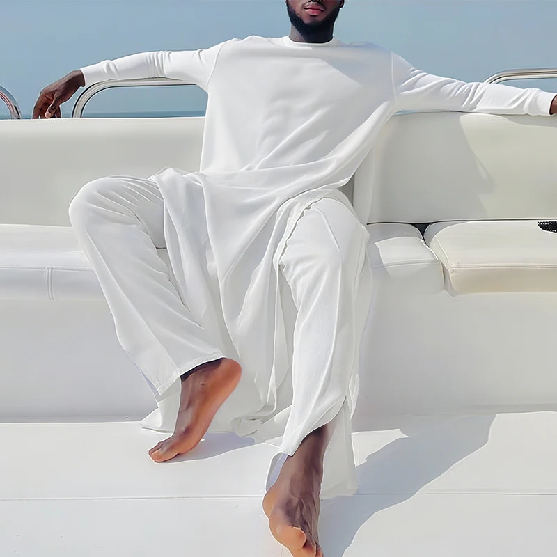 

INCERUN Men Sets Solid Color Long Sleeve Long Style T Shirt & Pants Two Pieces Sets Loose Streetwear Fashion Casual Men Suits