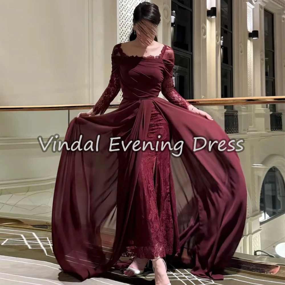 

Vindal Elegant Lace Prom Dresses Long Sleeves Saudi Arabia Evening Dress With Slit Wedding Party Dress For Special Events