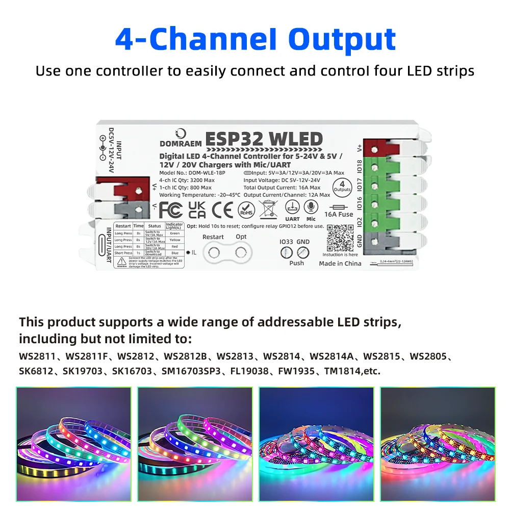 4 Channel Output ESP32 WLED LED Strip Light Controller UART DIY Dynamic Lighting Mode APP Voice Control F Digital RGB IC String
