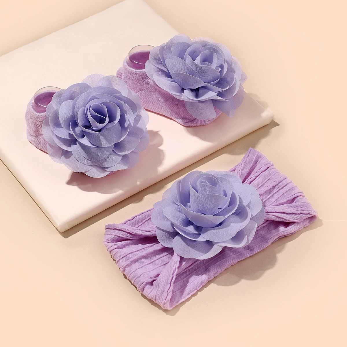 Flower Baby Headband and Socks Set Newborn Girl Soft Nylon Hairband Elastic Floral Turban Short Sock Infant Headwear set