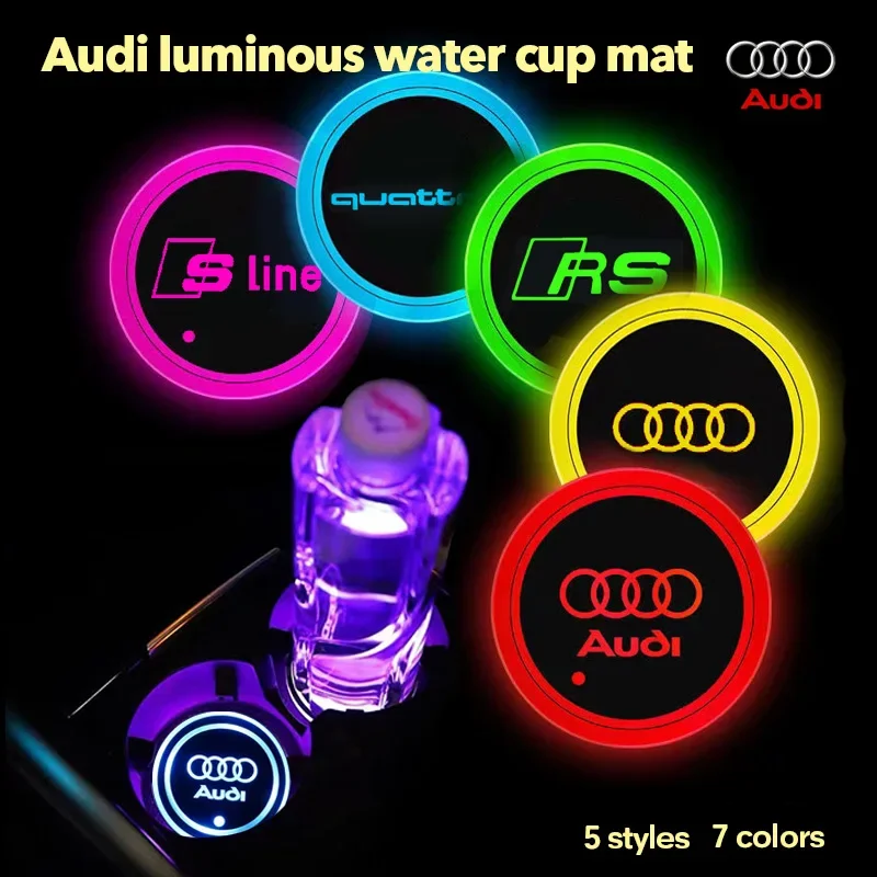 2pcs LED Car Luminous Coaster Cup Holder Anti-slip Mat For Audi SLINE Quattro A3 A4 B8 B9 A6 C5 C6 C7 A7 Q5 A5 A8 8V RS6 R8 S1