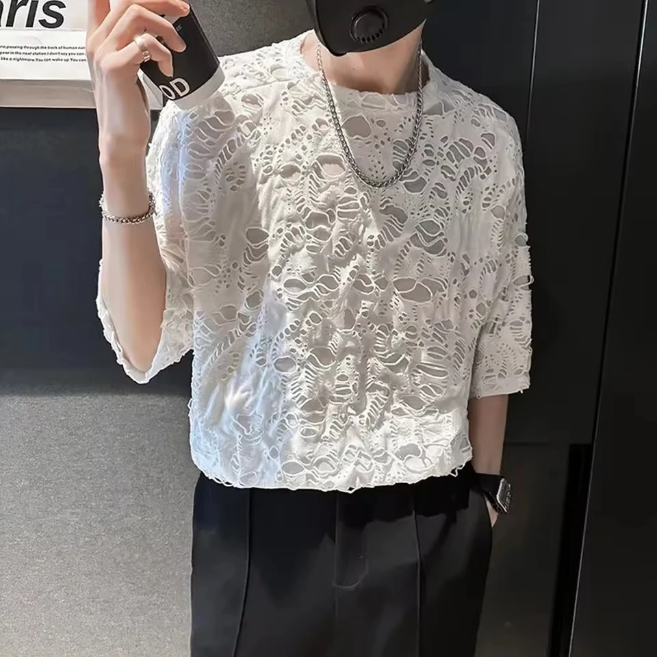 

Korea Fashion Streetwear Lace Hole Tops Summer T-Shirts Party Club Sexy Mens Clothing Ripped Short Sleeve T-Shirt Hollow Design