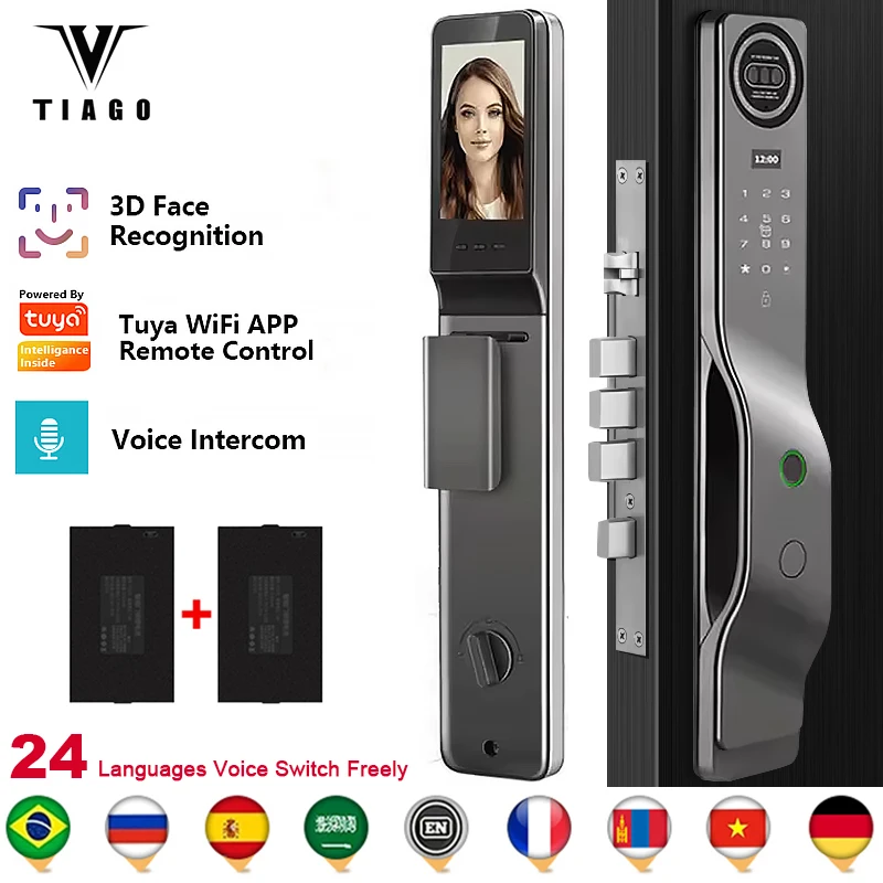

Tuya APP 3D facial recognition electronic digital Waterproof smart door lock with camera Alexa voice control smart door lock