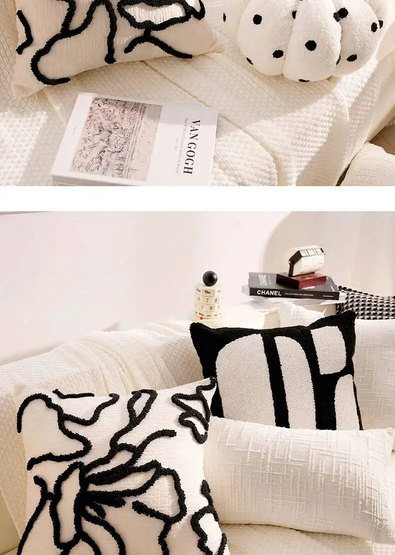 Luxuriöser französischer Stil Schwarz-Weiß Dekokissenbezug Chenille Boho Weiche Moderne Kissenhüllen für Sofa- und Bettdekoration – Detail 14