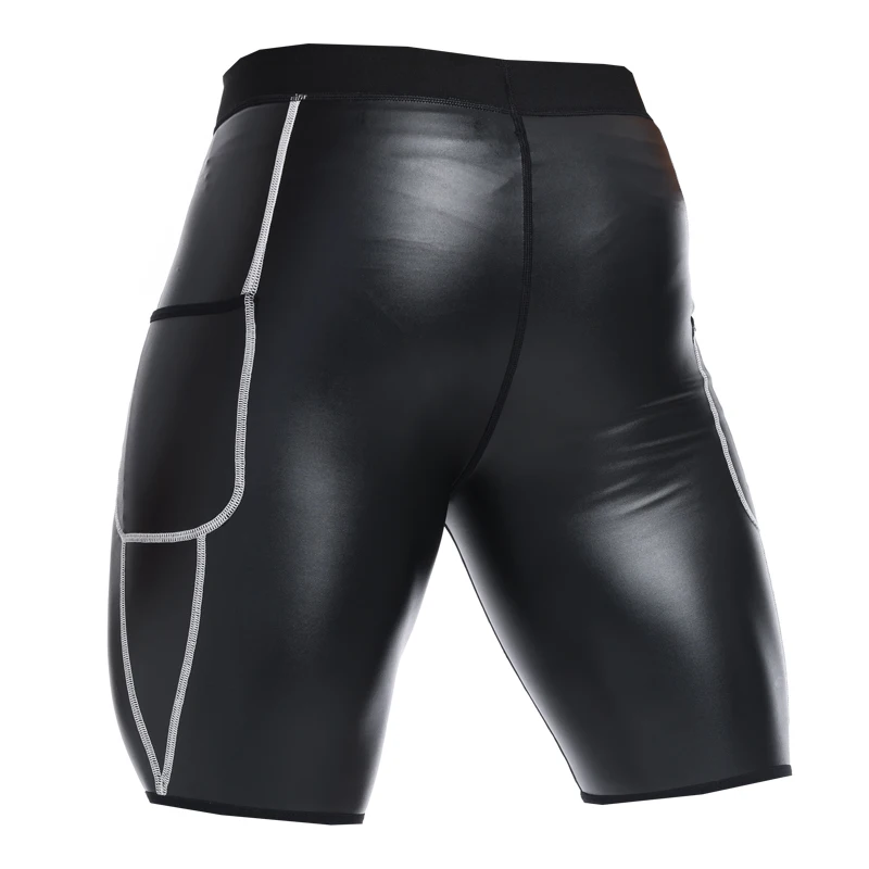 Men elastic shapers leather shorts,with Pockets, slimming,White line stitching, motorcycle, windproof and waterproof tight pants