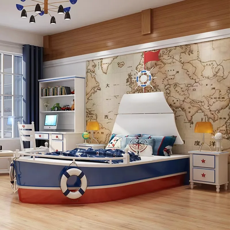 2026 Factory Wholesale All Solid Wood Children'S Bed Boys Single Bed Creative Nautical Boat Type 1.5m Baby Bed With Guardrail