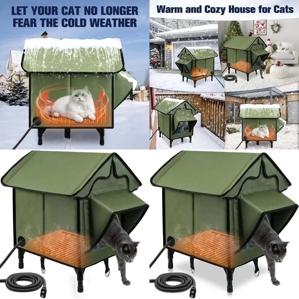 

Insulated Outdoor Cat House with Heated Pad, Waterproof and Weatherproof, Green Elevated Shelter for Feral Cats, 21x19.4x16.5 in