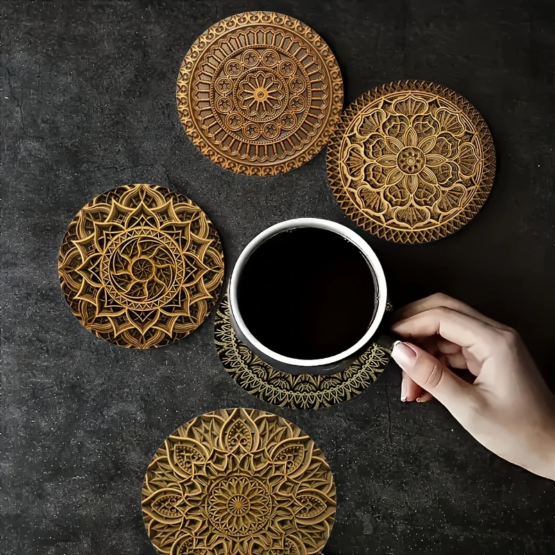 8 Pieces 2D Wooden Coasters Bohemian Style Spinning Pattern Theme Desktop Heat Mats Home Decor Coffee Cup Coasters For Office