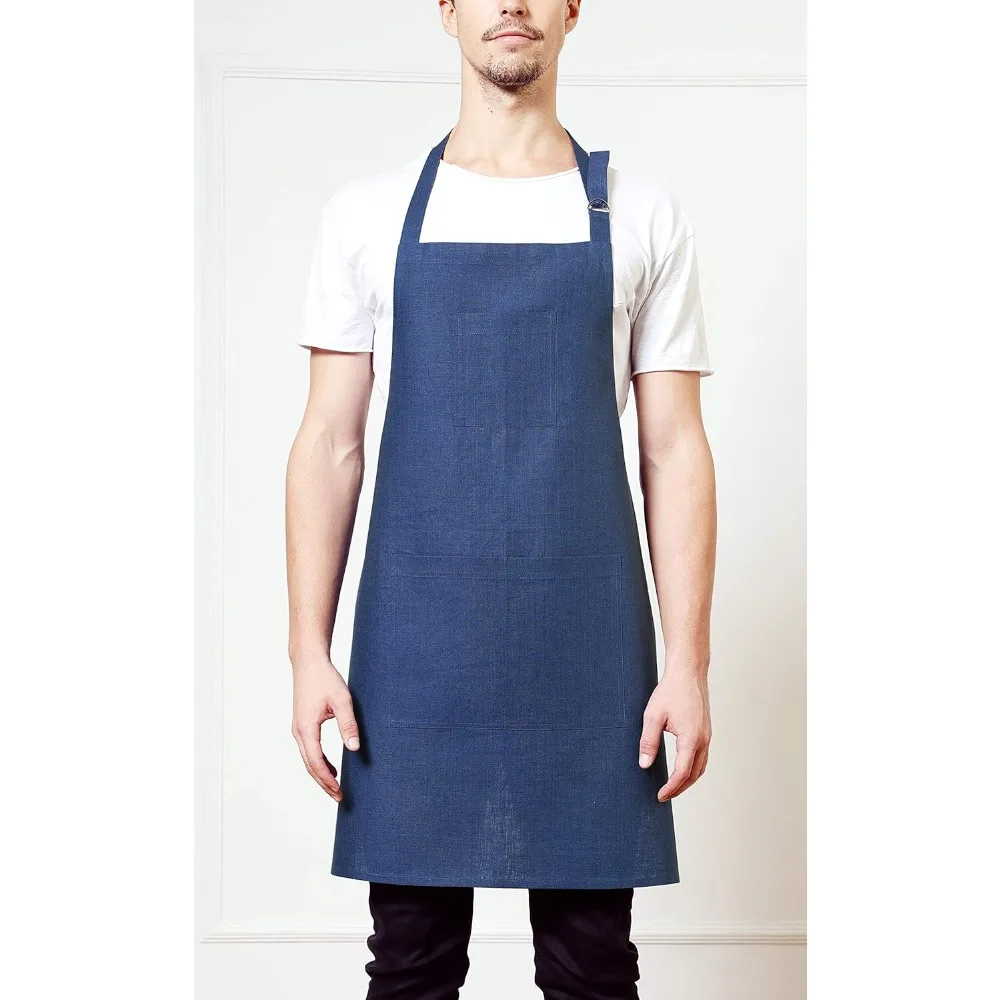 Avental 100% de linho puro – Babador midi completo unissex com listras marinhas e brancas, alça de pescoço ajustável com centro, ideal para cozinhar e assar