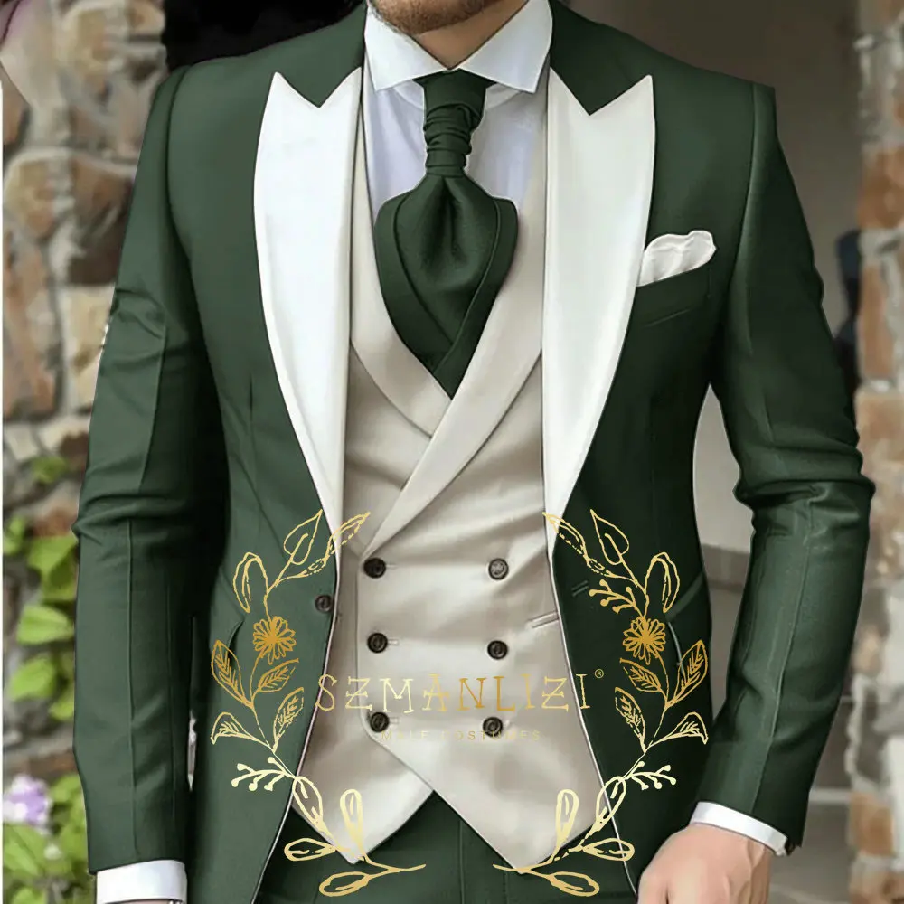 Light Green Classic Men Suit 3 Piece Tuxedo Peaked Lapel Groomsmen Wedding Suits Set Fashion Men Business Blazer Pants Vest