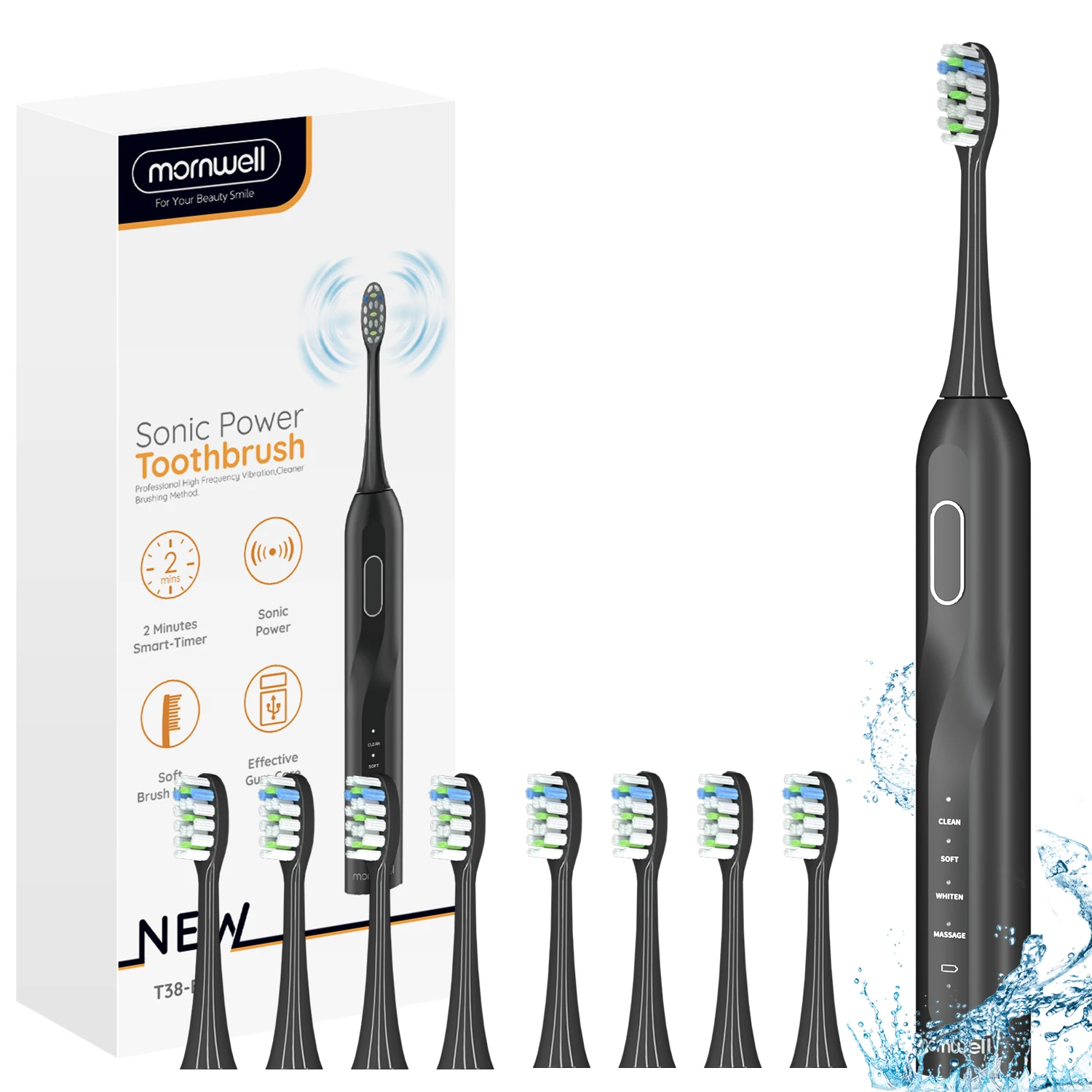 Mornwell-Brosse à Dents Électrique Sonique T38, Charge USB, Étanche, Ultrasonique, existent, Rechargeable, pour Enfant et Adulte