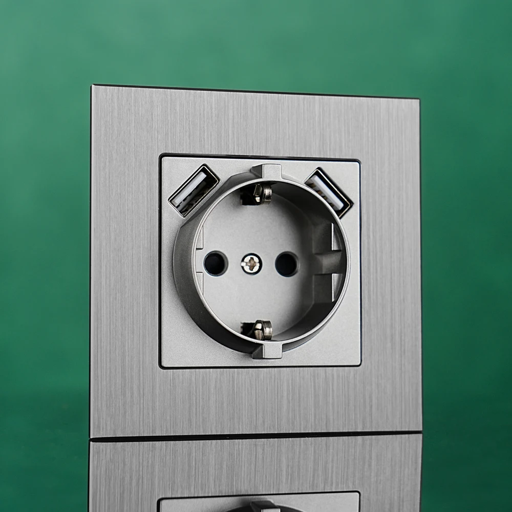 

Европейский стандарт, матовая алюминиевая панель, немецкая розетка, 16AUSB-порт, двойная настенная розетка типа A, 110-250 В