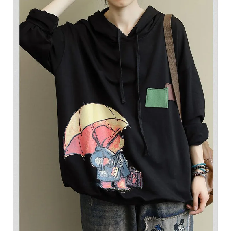 Casual Women\'s Cartoon Printed Hooded T-shirt 2023 Spring Autumn Korean Loose Spliced Long Sleeve Sweatshirts Female Clothing