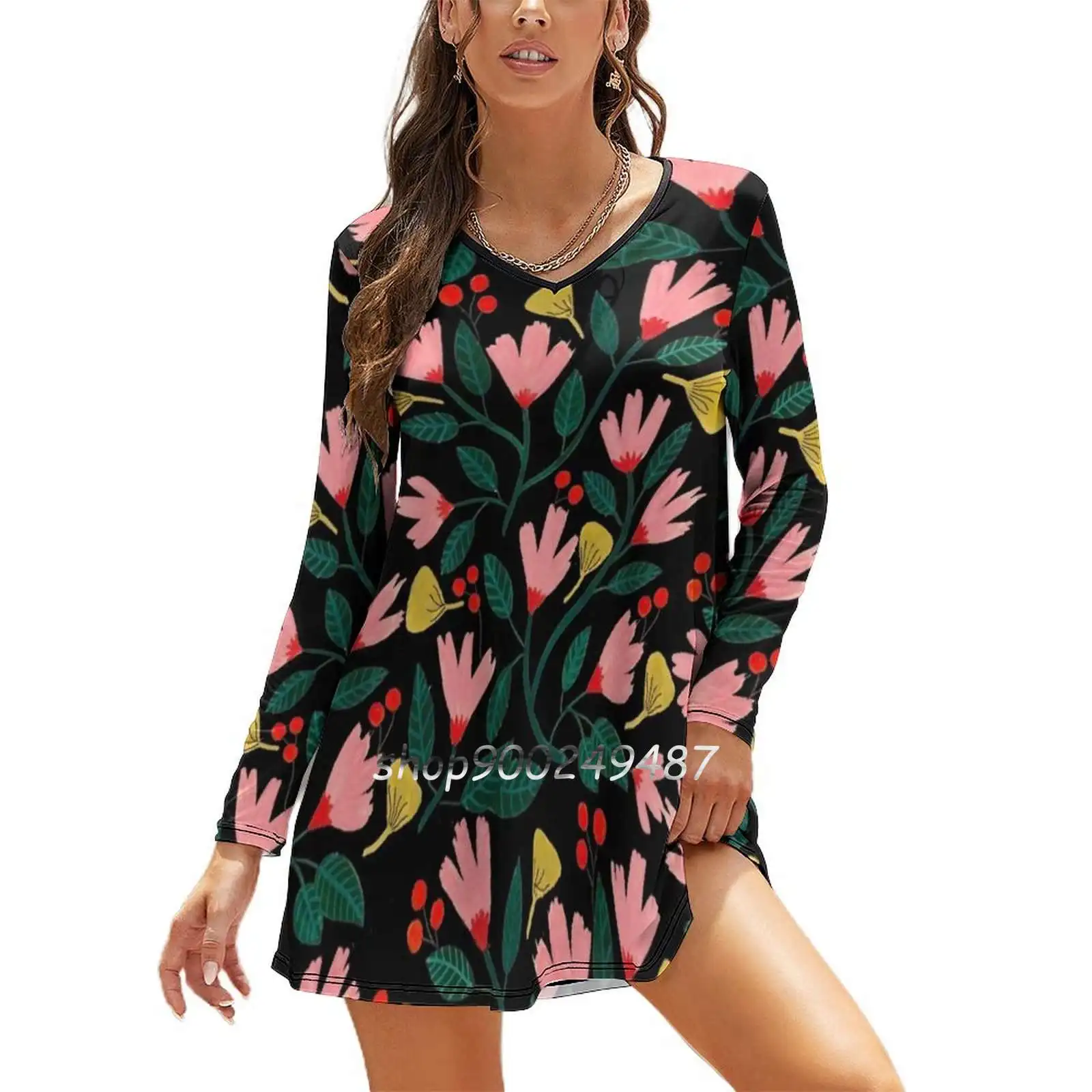 Pink Florals On Black Sweetheart Knot Flared Dress Fashion Design Large Size Loose Dress Gouache Floral Floral Pattern Flowers