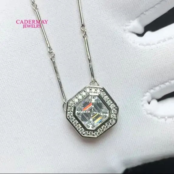 Cadermay 8mm Asscher Cut VVS Moissanite 925 Silver Pendant Necklace Double Chain Moissanite Pendant Necklace Women Wedding Gift