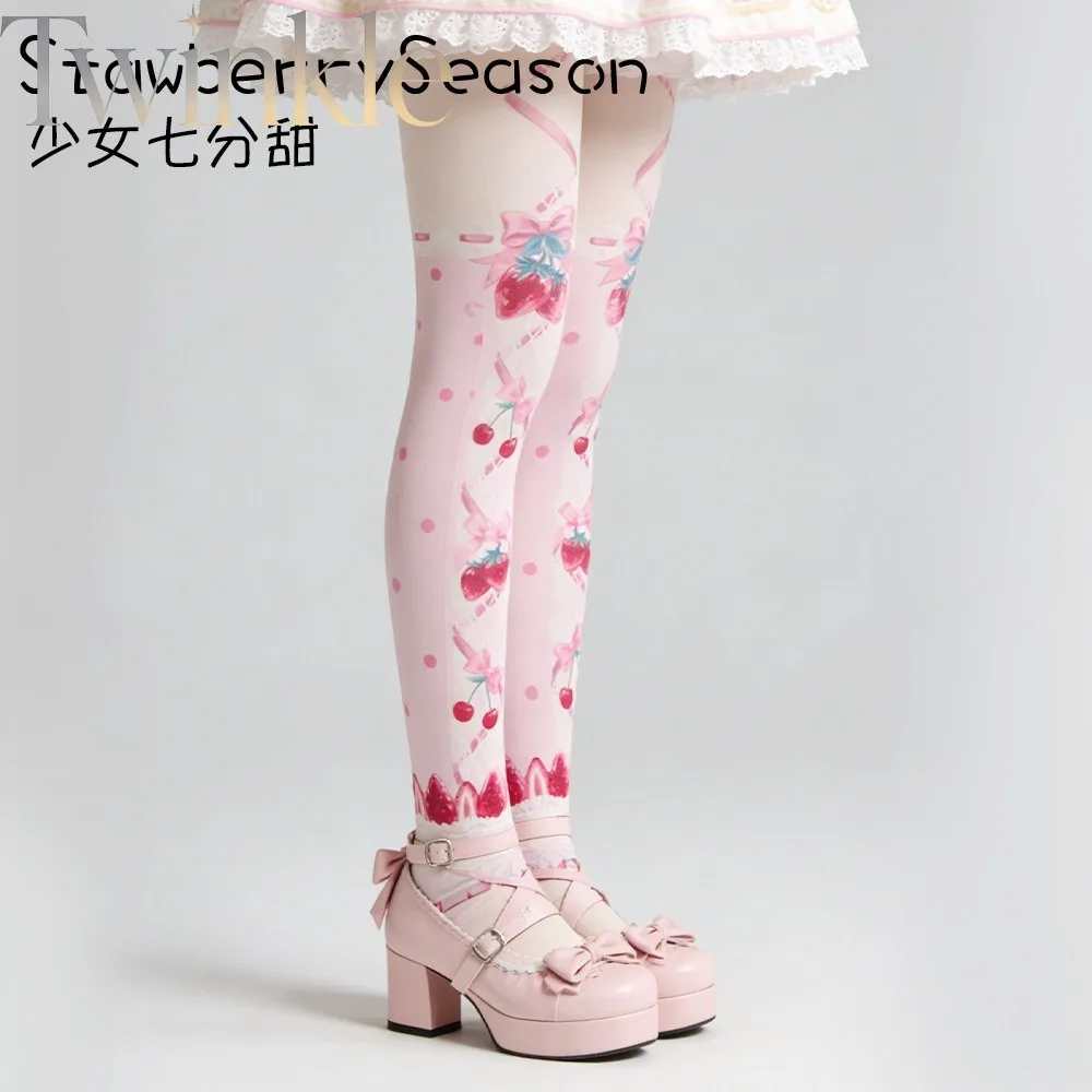 Lolita Velvet Pantyhose Strawberry Cake Printed Tights 60D Sweet Kawaii Y2K Girl Women Spring Autumn Long Socks Hosiery