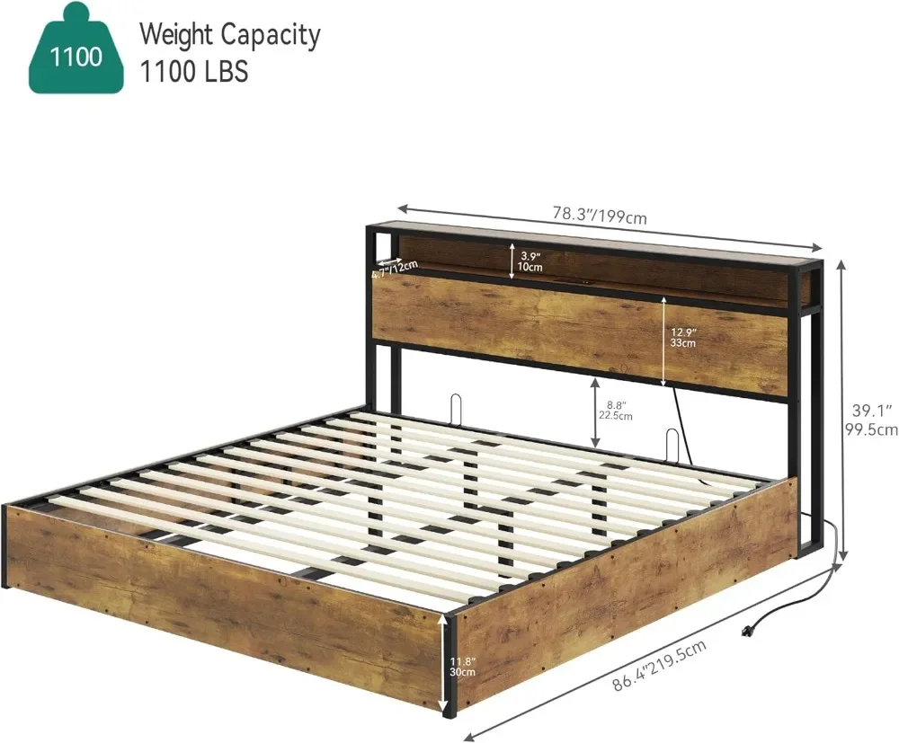 Lift Storage Bed Frame, King Size Bed Frame with 2-tier Storage Shelf Headboard, LED Light Platform Bed Frame with Charging