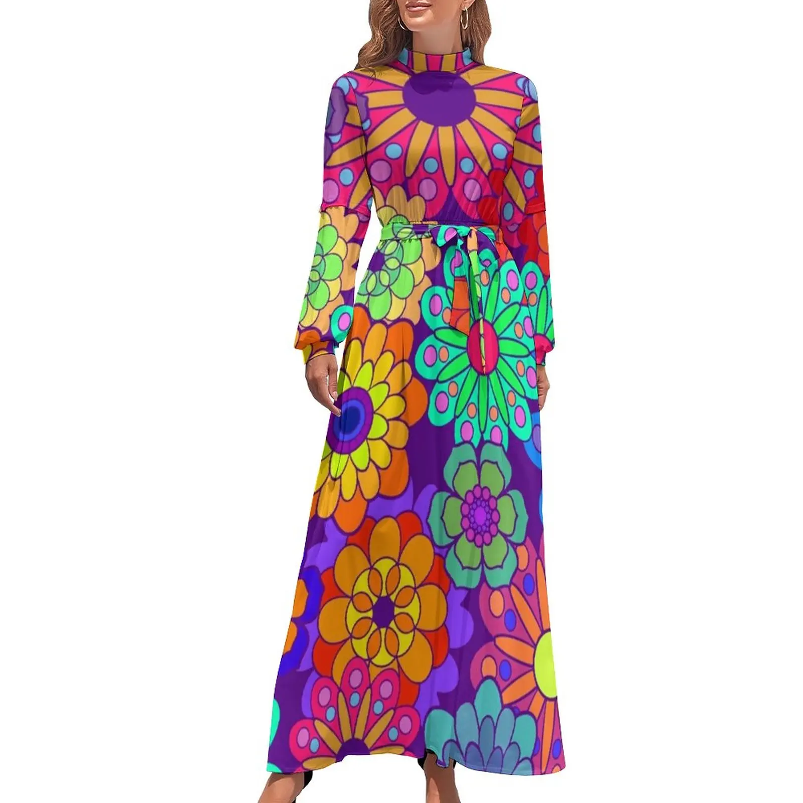 70S Flower Power Dress collo alto Retro Hippy Print Pattern Boho Beach Dresses manica lunga Basic Long Maxi Dress abbigliamento Kawaii