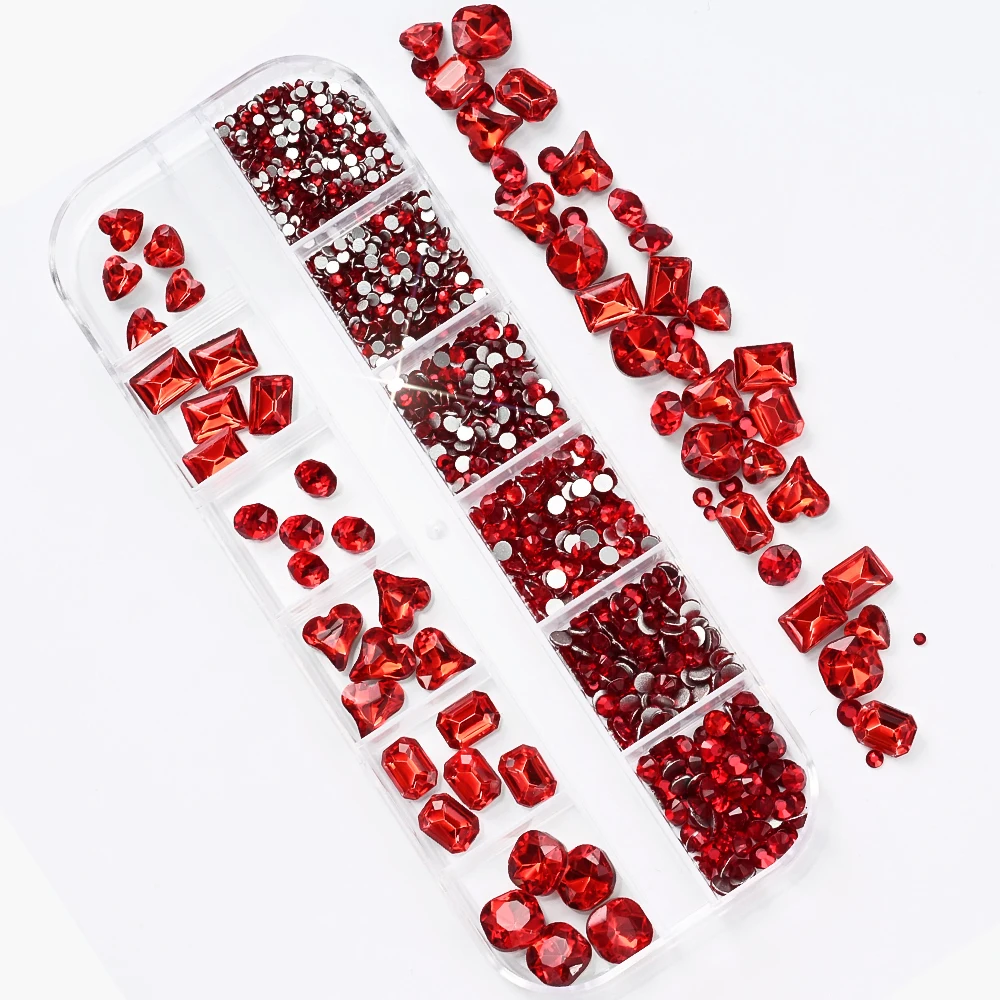 12 grilles 3D rubis rouge amour breloques pour ongles Multi forme ovale/carré ongles strass breloques cristal gemmes Nail Art décorations fournitures