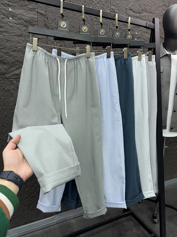 

Svip Cabinet Men's Comfortable Cotton Blend Casual Pants Striped Loose Straight Leg Home Leisure Trousers Spring Autumn