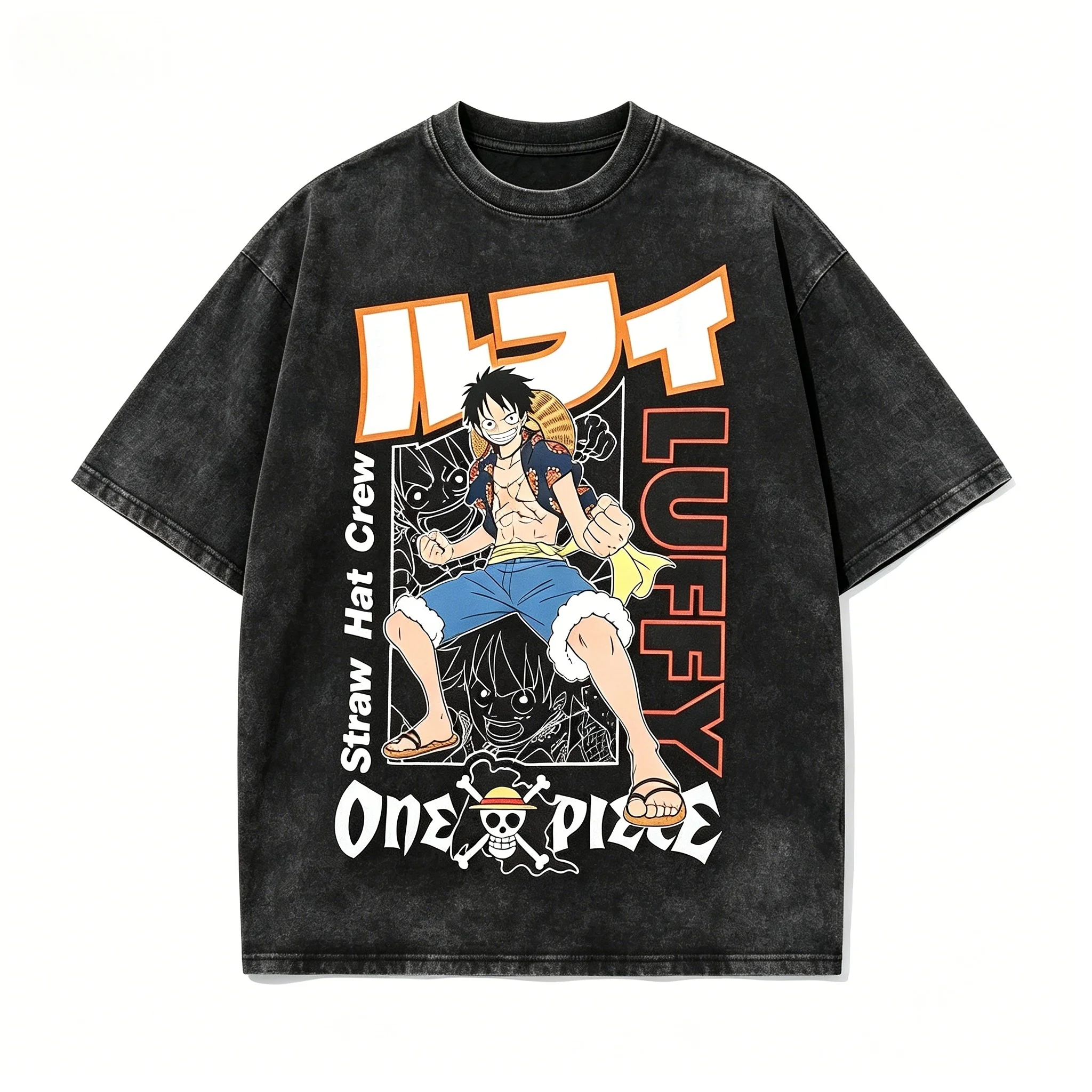 

One Piece Luffy Straw Hat Crew Graphic Tee 230GSM Vintage Washed Oversized Cotton T-Shirt Men Women Anime Streetwear Merch Multi-Color Summer Casual Tops