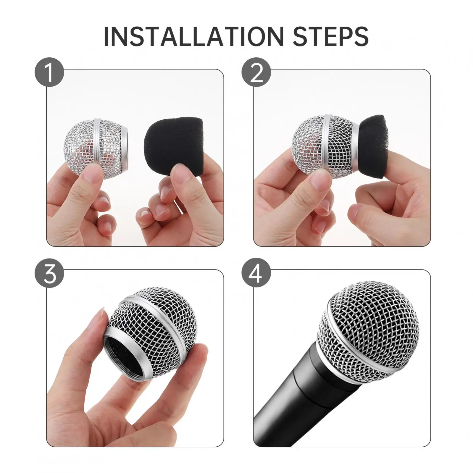 رؤوس استبدال شبكة من الفولاذ الفضي للميكروفونات ، كرة شبكة مع رغوة داخلية ، رأس ميكروفون مناسب لشور SM58