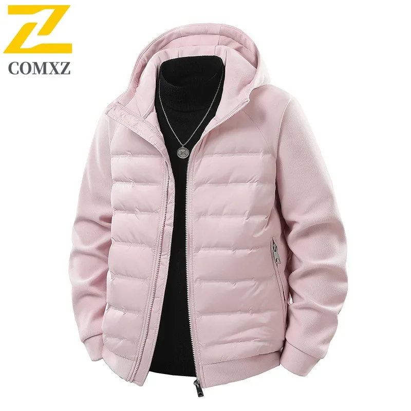 COMXZ Premium Men Down Jacket Splicing Hooded Outdoor Adventure Thickened Warm Parka Hiking Lightweight Comfort Winter Down Coat