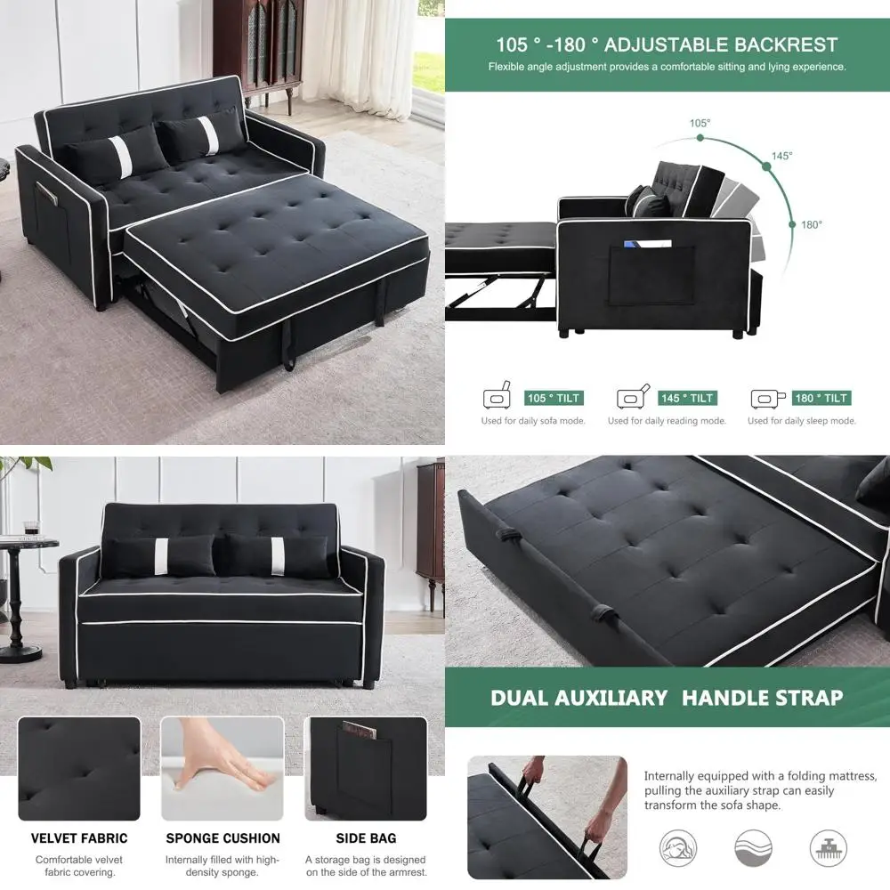 Versatile 3-in-1 Velvet Sofa Bed Couch, 54.5 Pull-Out Loveseat Sleeper with Adjustable Backrest, Includes 2 Pillows and 2 Cushio