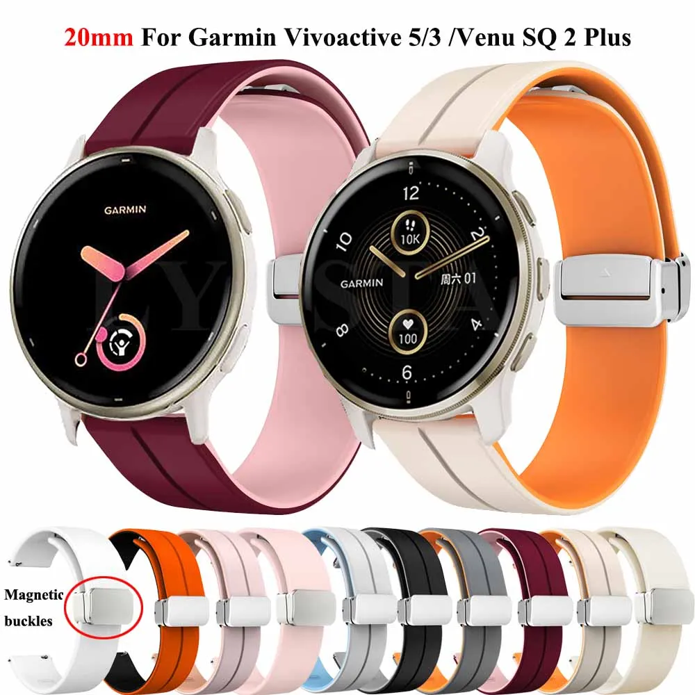 Pulseira de silicone com fivela magnética de 20mm para garmin vivoactive 6/5/3 pulseira esportiva para garmin venu 2 plus sq2/forerunner 570 165 645