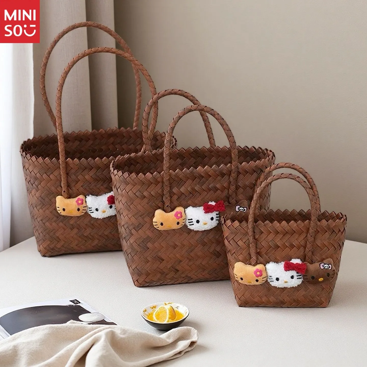 Miniso Hello Kitty Retro Woven Handbag, Fake Rattan Basket Purse for Beach Gift & Daily Use
