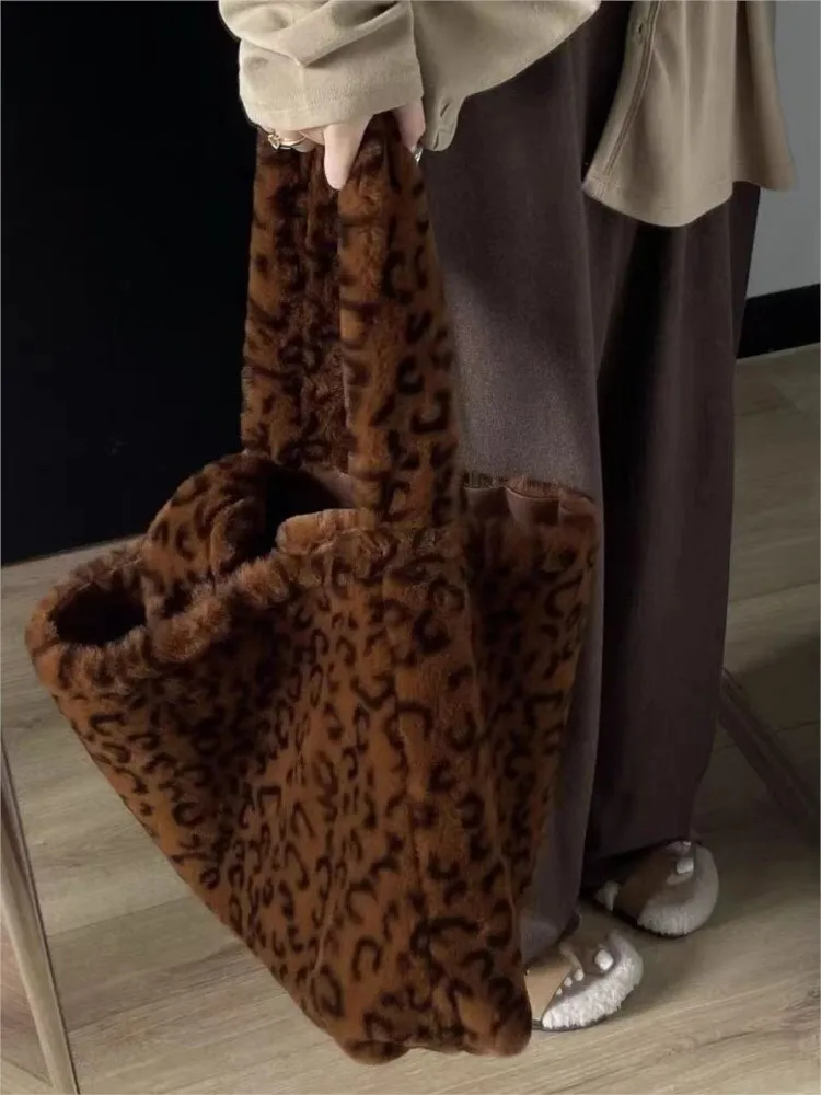 

JIAERDI Leopard Print Tote Bag Women Large Capacity Plush Soft Casual Shoulder Bags Purse Female Vintage Coffee Handbag Bolsos
