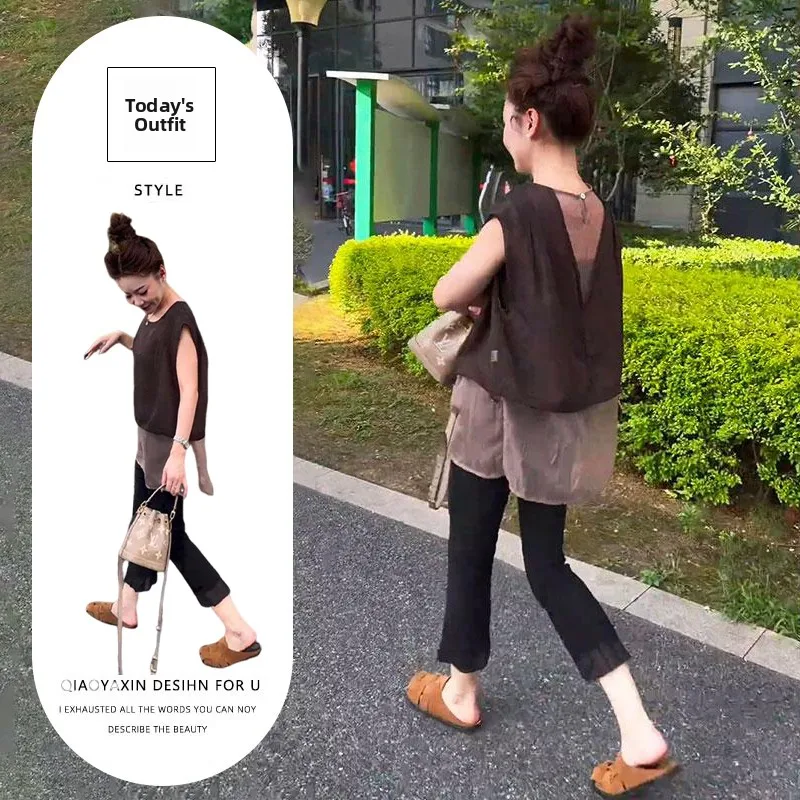 

Summer New Gentle Sle Women's Faion Set round Ne Svel Splice Slim Fit Eighteen Pants High Waist Commute Sle