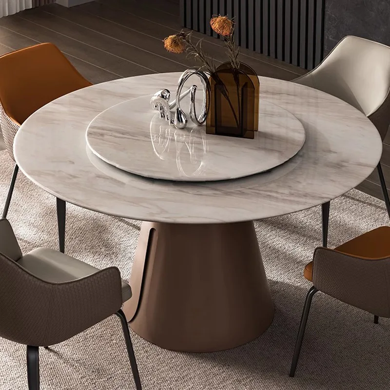 

Pure natural marble dining table Italian round table and chair combination household round Italian minimalist