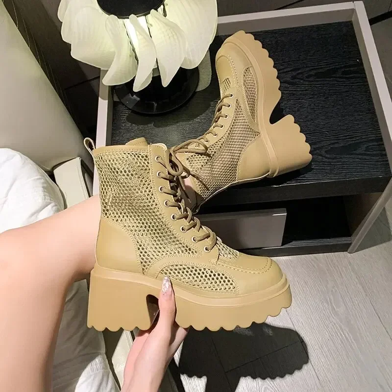 2024 New Summer Women\'s Martin Boots Thick Bottom Mesh Surface Breathable Hollow Out High Heel Slimming Square Toe Short Boots