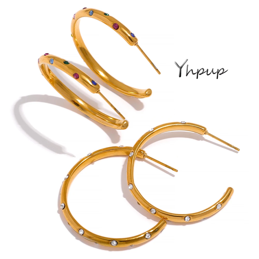 Yhpup Stainless Steel Round Circle Big Hoop Earrings Delicate Cubic Zirconia Fashion PVD-18k-Plated Geometric Golden Earrings